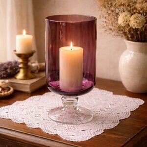 Vintage Hand Blown Amethyst Glass Hurricane Vase Pedestal Footed Centerpiece